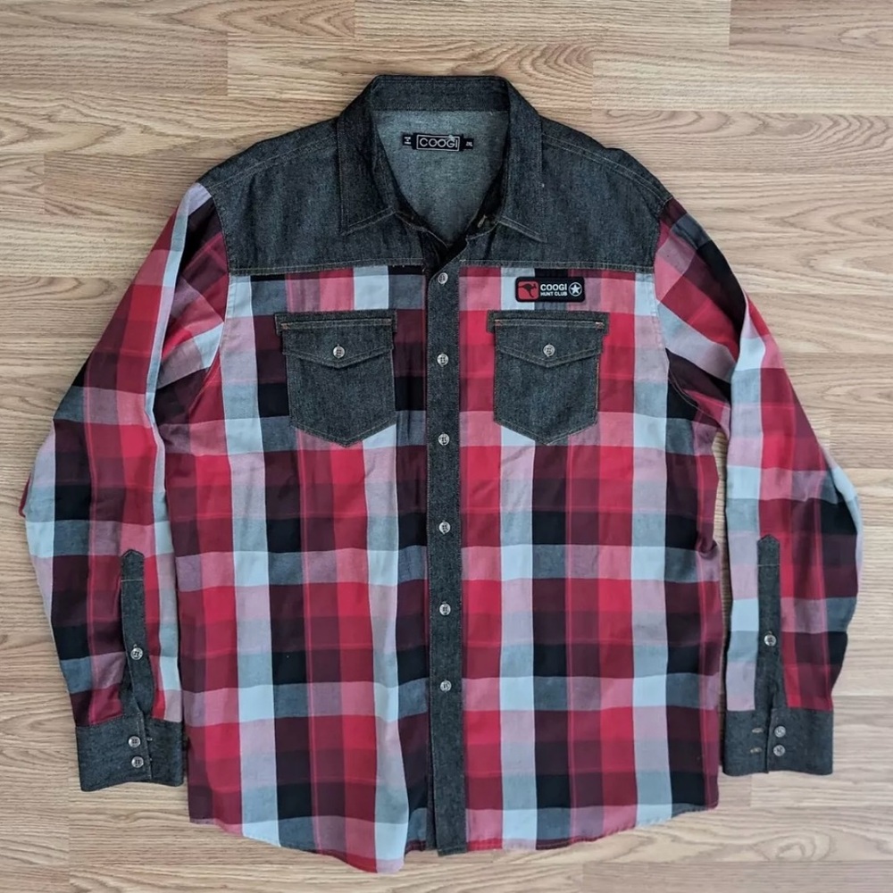 COOGI Hunt Club Button Shirt Red Plaid Denim Embroidered Adult Size 2XL Western